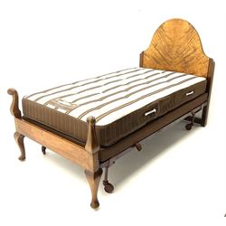 Pair early 20th century walnut 3' 6'' bedsteads, arched headboards with book matched figured veneer, the footboards with scrolled uprights and cabriole supports, with bed bases and mattresses