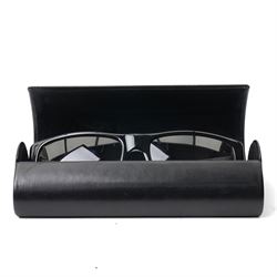 Prada - half-rim sunglasses with black acetate upper frame, clear acetate and silver-tone metal temples, graduated smoke lenses and PRADA lettering to the arms, in original hard case