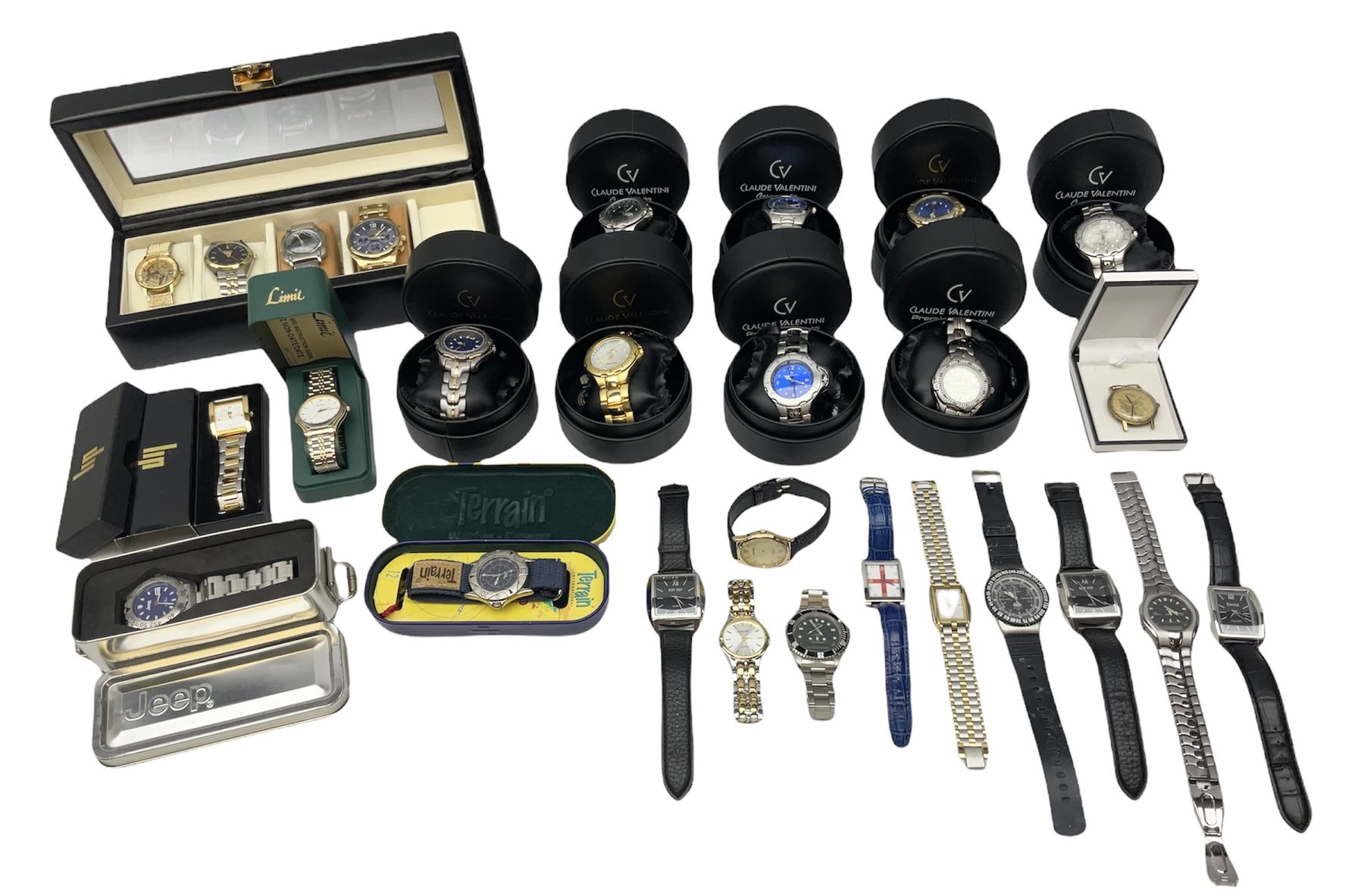 Collection of wristwatches including Curtis Liberty, eight Claude Valentini, Jeep, Limit, Avia, Philip Persio and Sekonda (27)