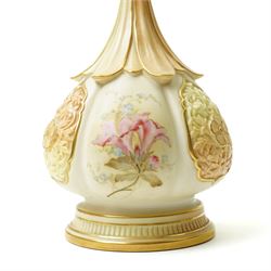 Late Victorian Royal Worcester bottle vase decorated with panels of flowers on a blush ivory ground, shape 859, date code 1894 H28cm