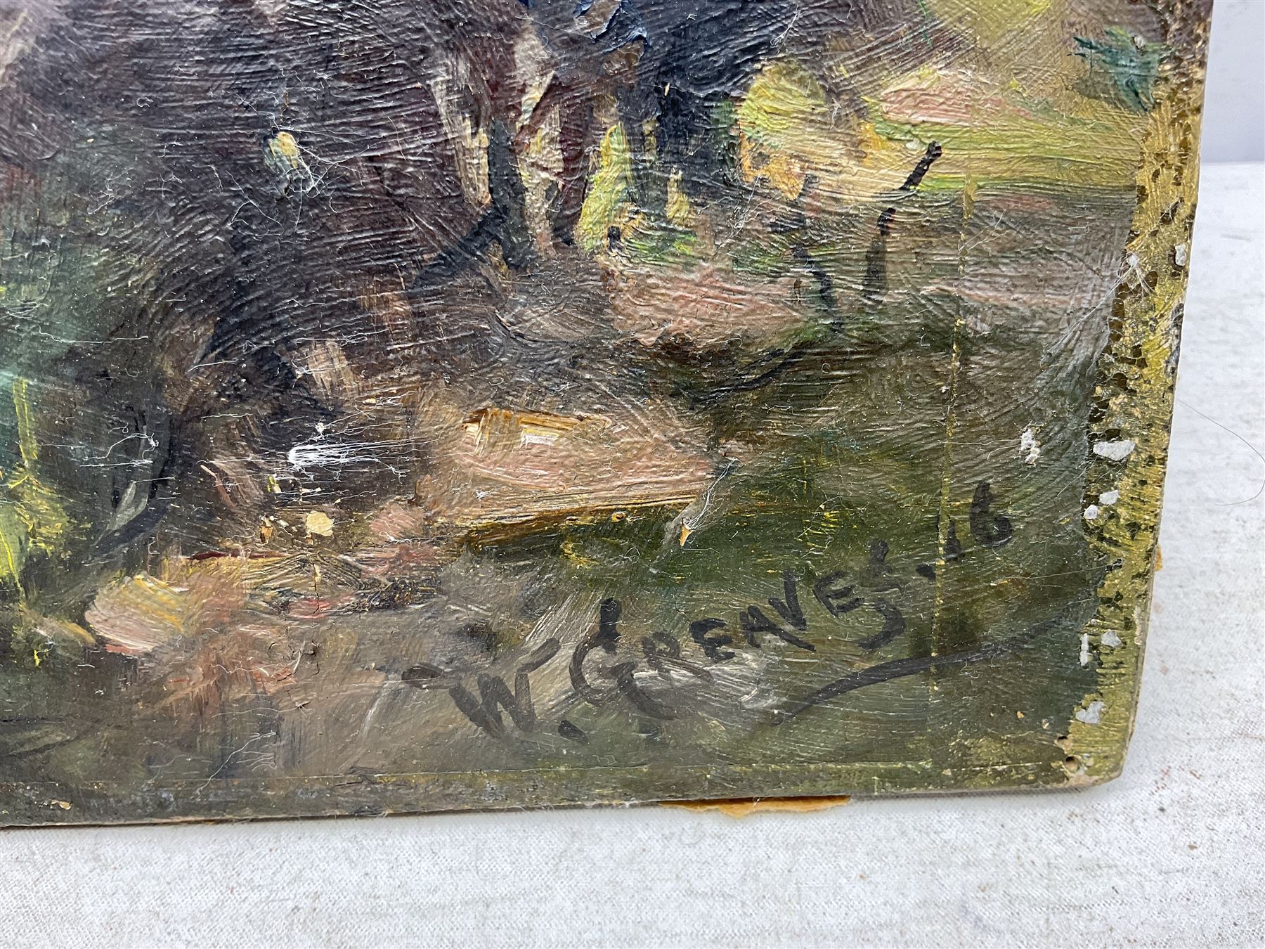 William Greaves (British 1852-1938): 'Entrance to the Village of Scholes near Leeds', oil on board signed and dated '16, titled and inscribed verso 31cm x 46cm (unframed)