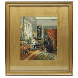 English School (20th Century): Woman Reading in a Daylit Interior, watercolour signed S J K 34.5cm x 29cm