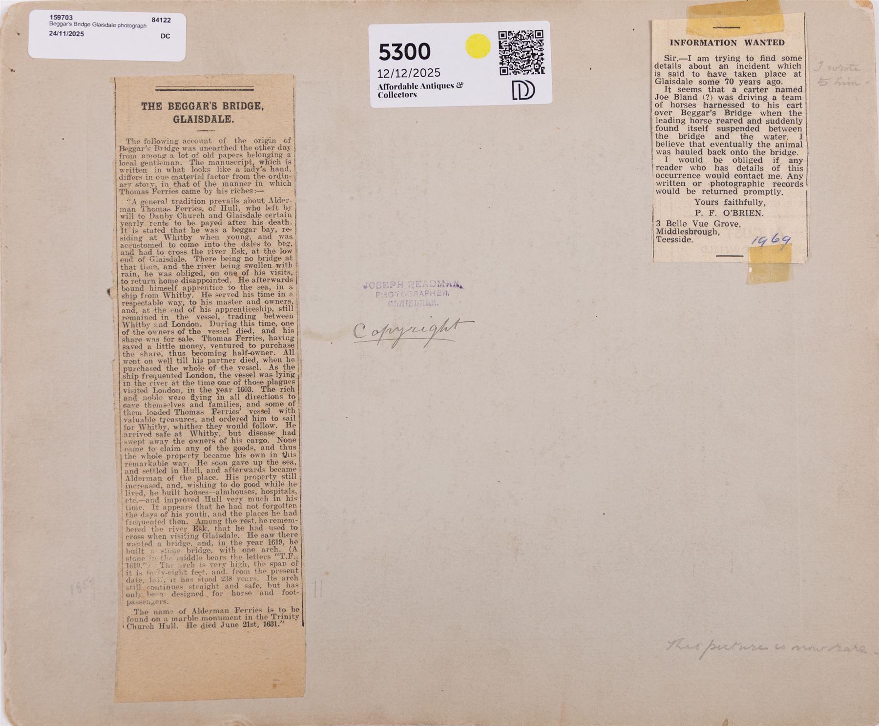 Photograph of An Incident at Beggar's Bridge - Glaisdale, showing a Horse being hauled back onto the bridge, further information verso, 15cm x 21cm (unframed)