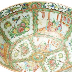 19th century Chinese Canton bowl decorated with panels of figures and flowers in famille rose enamels D34cm