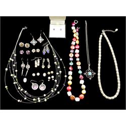 Collection of stone set silver jewellery including fourteen pairs of earrings, three beaded necklaces and a pendant necklace, set with blue john, amber and pearl etc