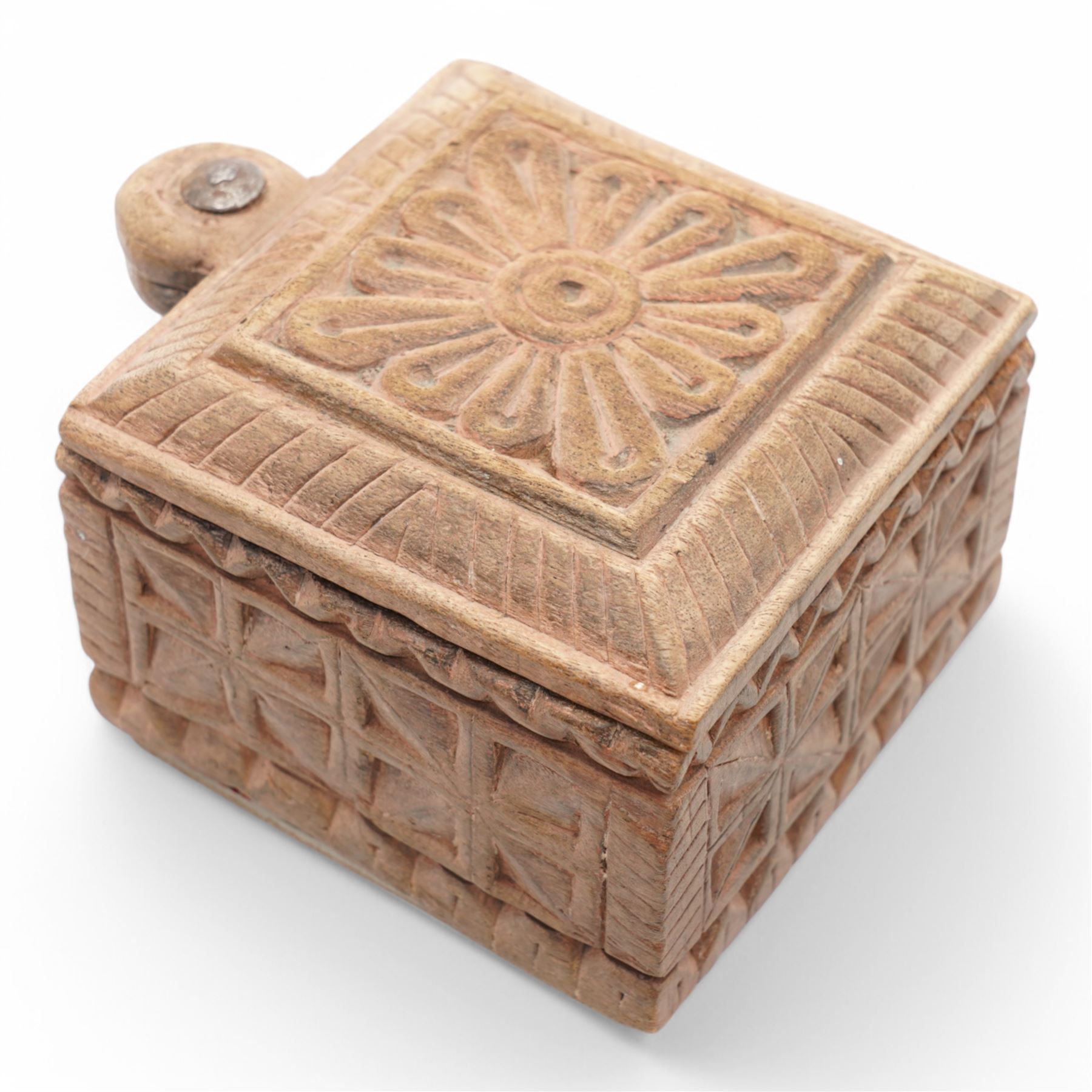 Two Indian carved hardwood boxes with covers largest D28cm 