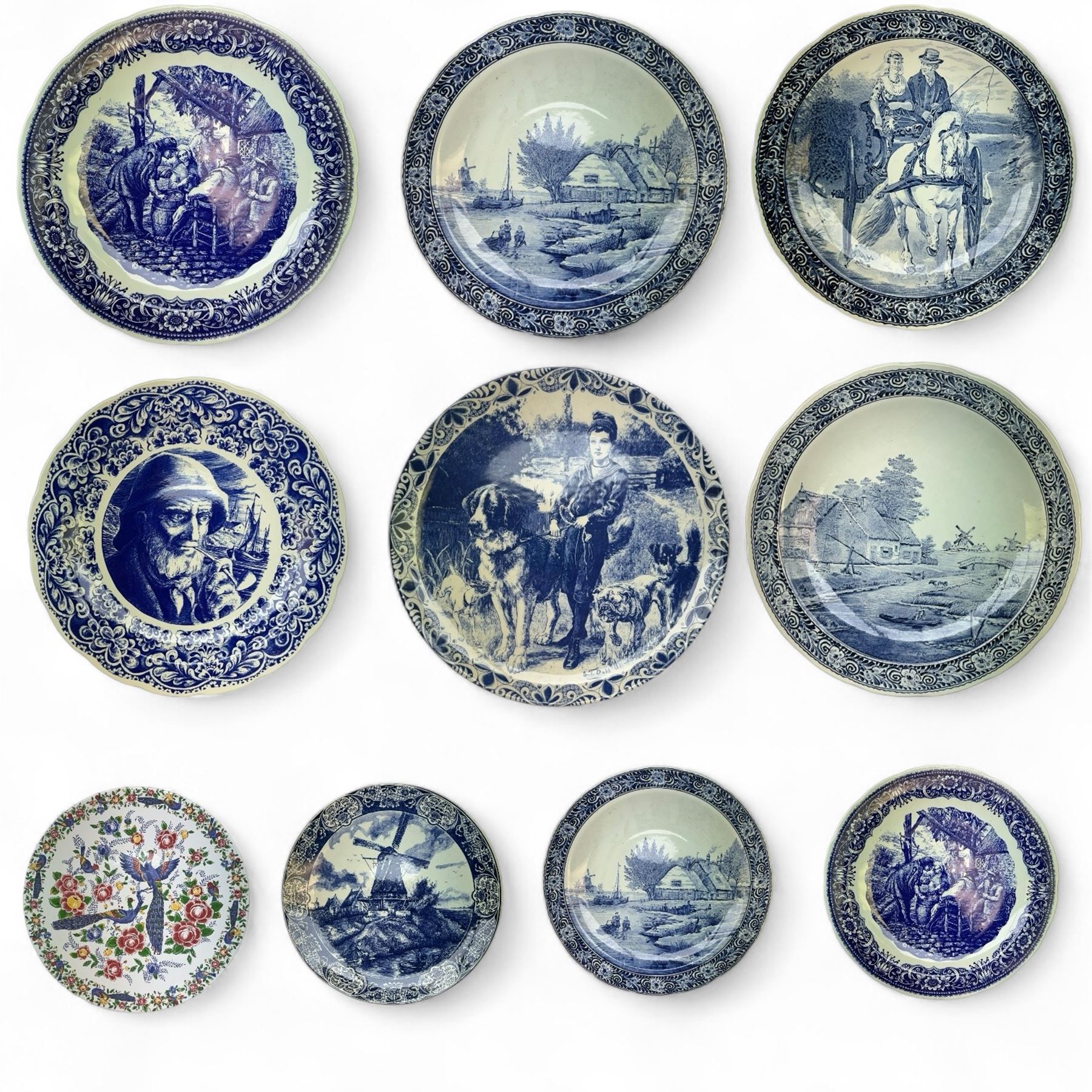 Ten Delft and similar chargers, including Delfts Blauw and Boch examples, largest D40cm