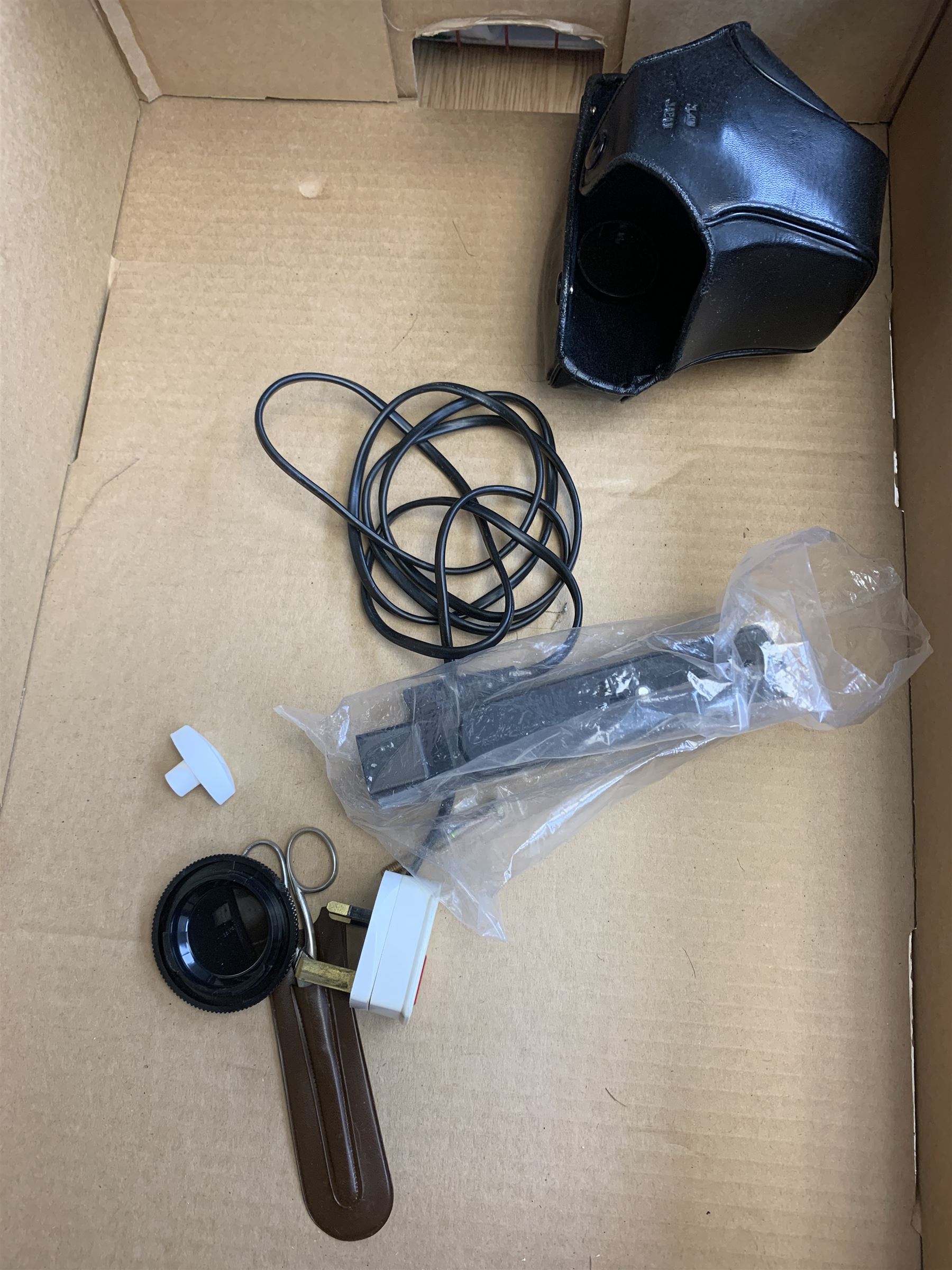 Vintage cameras lenses and accessories including Olympus 'OM10' camera body, Olympus 'OM4' camera, 'Olympus OM-System Zuiko auto-zoom 35-70mm 1:4' lens, various other lenses, tasco binoculars etc, in one box