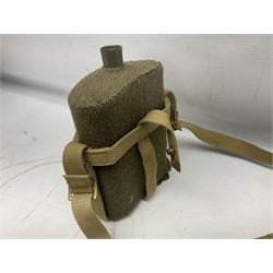 Mundial Brazil bowie knife, the 15.5cm steel blade inscribed 'Sheriff Knife', with banded and aluminium hilt; in leather sheath L29cm overall; British Army felt covered metal water bottle with webbing strap; leather 12-bore cartridge belt; and small pair of non-military binoculars in part case (4)