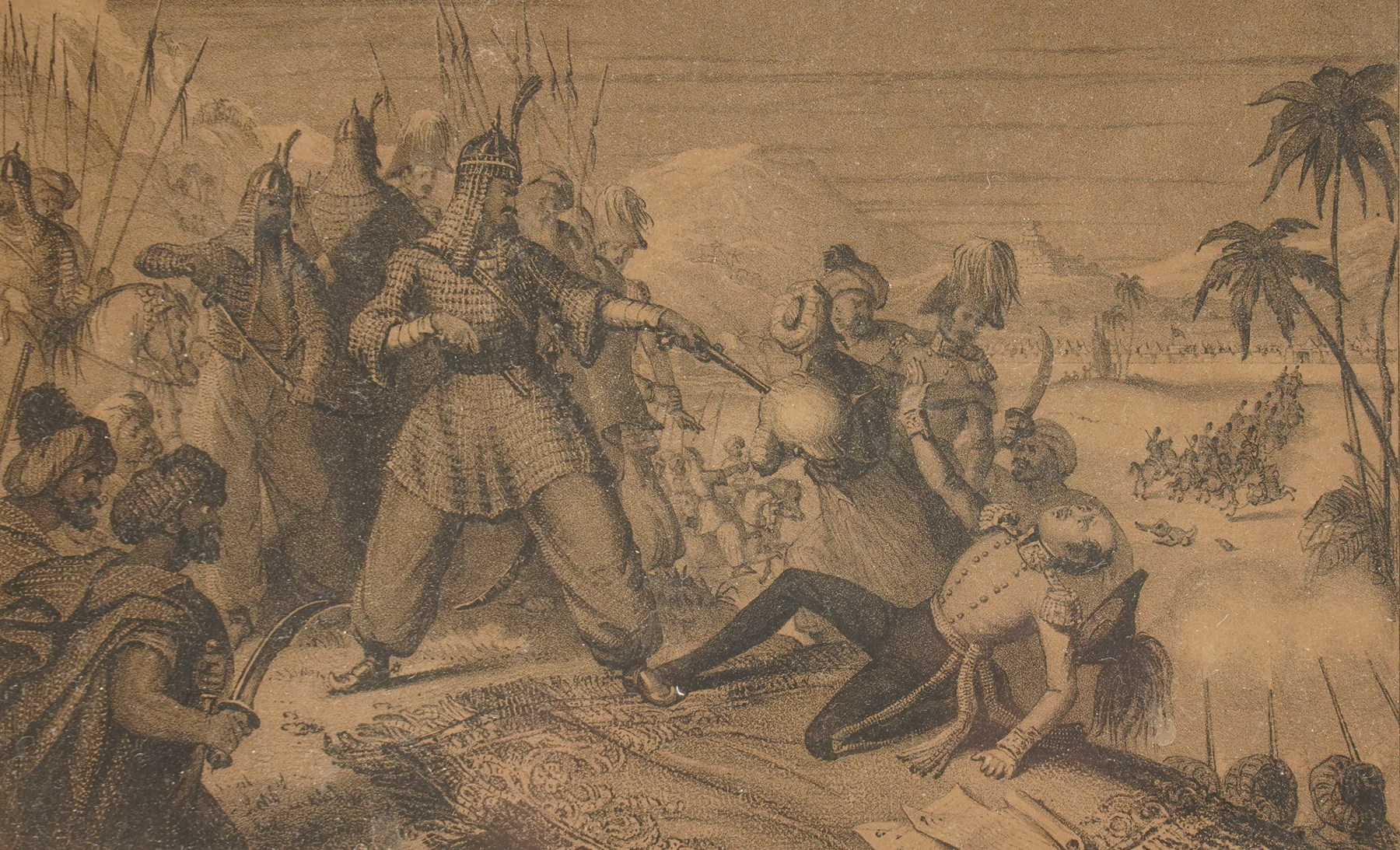 After Richard Evan Sly (British fl. 1839-1847): Akhbar Khan and Her Majesty's Envoy in Afghanistan, monochrome lithograph unsigned p.1843 by Blackwood & Page, in a rosewood frame 15cm x 24cm