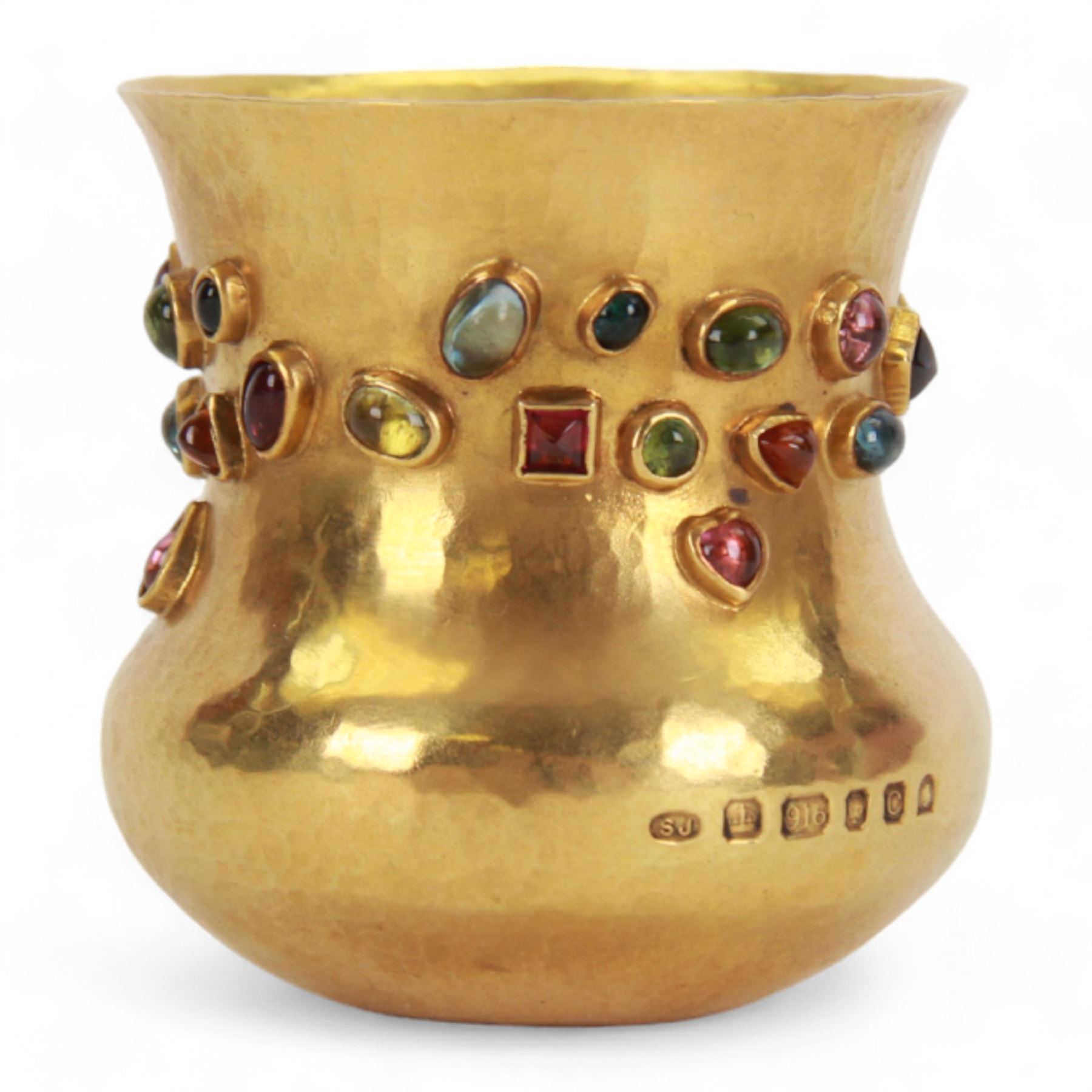 Small modern 22ct gold vase, the body waisted bellied form with planished finish, set with bezel set multi-gemstone cabochons, including topaz, garnet and tourmaline, hallmarked Sarah Jones, London 2002, also marked 916, H5.5cm

