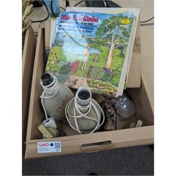 Collection of metalware, including brass weights, fireside tools, sauce boat, etc, together with a chess set, records, two studio pottery lamps etc