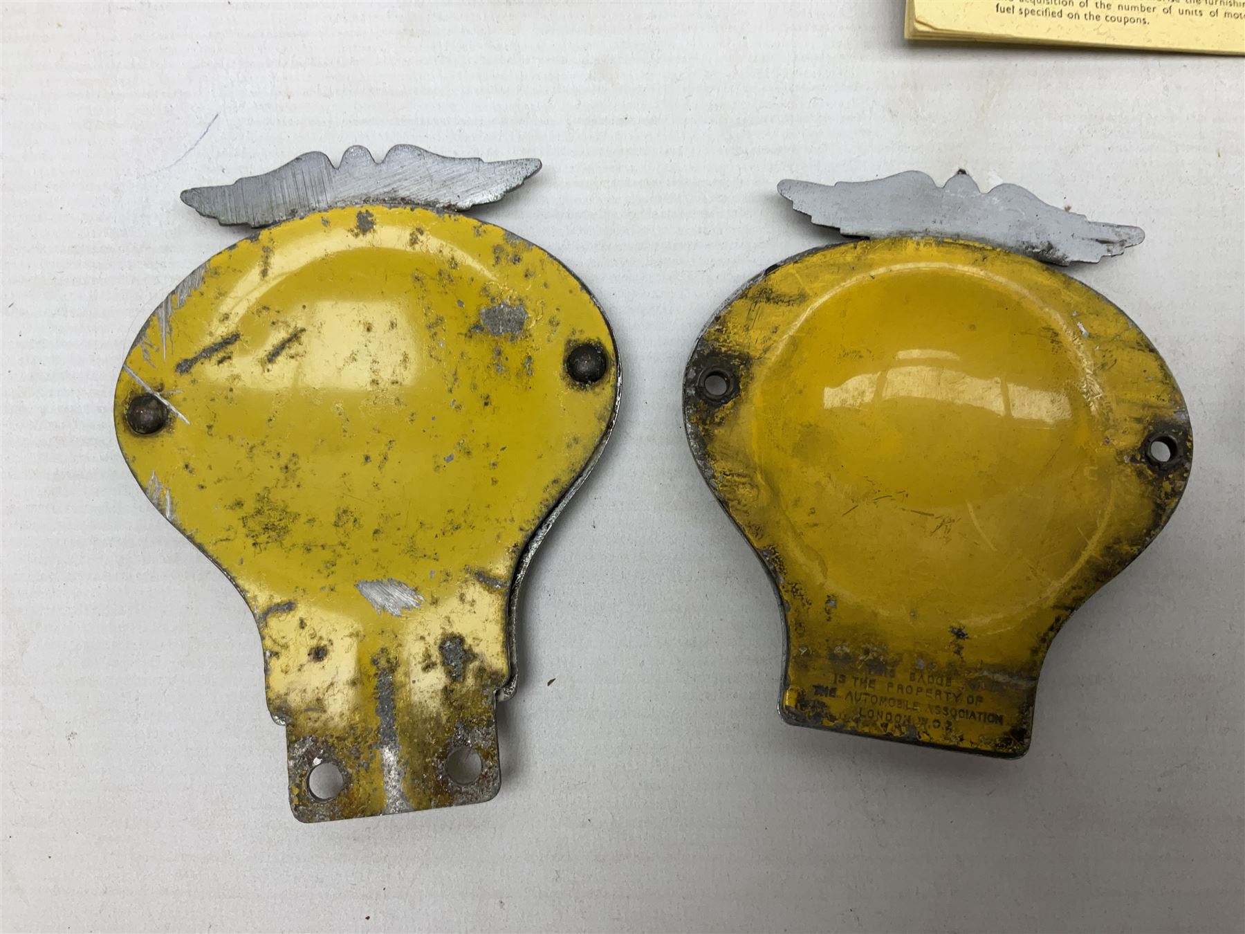 Gold plated leaping Jaguar car mascot, no.7'24265'3WB L12.5cm; three AA car badges and Veteran Motorists car badge; and quantity of 1950s fuel and general ration books