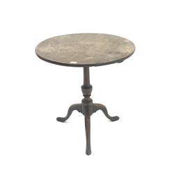 19th century mahogany pedestal table, circular top on turned column, three shaped supports