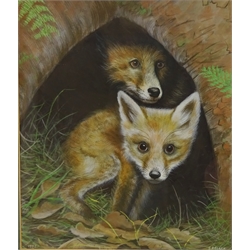  Foxes Peering out of a Stone Arch, watercolour signed and dated 1982 by S. P. Slack 27cm x 23cm  
