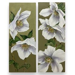 Maggie Thompson (Yorkshire Contemporary): 'Hellebores I & II', pair acrylics on canvas signed, 85cm x 33cm  (2)