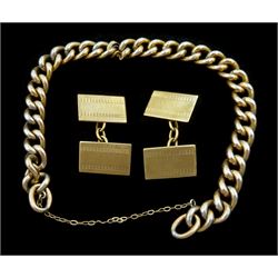 Gold curb link chain bracelet and a pair of gold cufflinks, both 9ct 