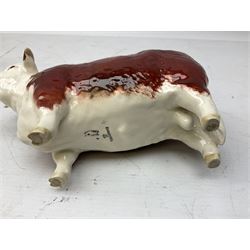 Three Beswick models comprising Hereford Bull no 949, 'CH Cutmil Cupie' Pug, and bay Shire horse, all with printed marks beneath