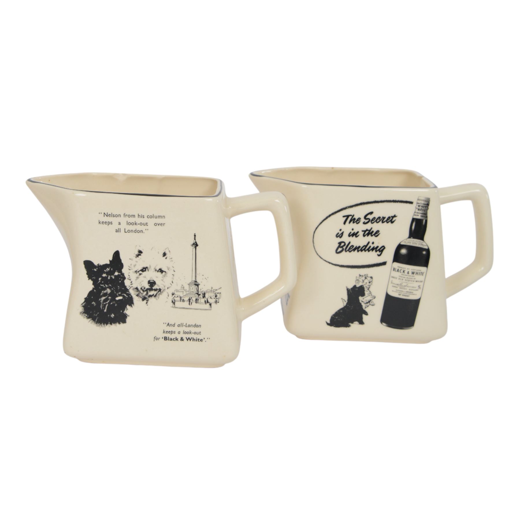 Eight Black and White Scotch Whisky advertising jugs