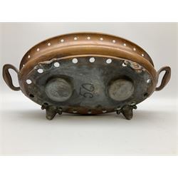 Agricultural copper corn funnel, H32.5cm, another similar copper funnel and copper warming platter of oval form, with twin handles on four supports, with removeable warming plate, L49cm