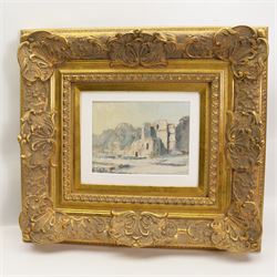 William Burns (Northern British 1923-2010): 'Snow at Roche Abbey - South Yorkshire', oil on board signed, titled verso 14cm x 19cm Provenance: Direct from the family of the artist.
Notes: Born in Sheffield in 1923, William Burns RIBA FSAI FRSA studied at the Sheffield College of Art before the outbreak of the Second World War, during which he helped illustrate the official War Diaries for the North Africa Campaign, and was elected a member of the Armed Forces Art Society. On his return, he studied architecture at Sheffield University and later ran his own successful practice, being a member of the Royal Institute of British Architects. However, painting had always been his self-confessed 'first love', and in the 1970s he gave up architecture to become a full-time artist, having his first one-man exhibition in 1979.