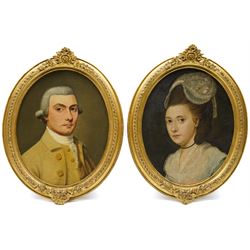 English School (Late 18th century): Portrait of Benjamin Mather (1753-1821) and his Wife Sarah Perry (1755-1788), pair oval oils on canvas laid onto board with family history verso , together with the original bodice worn by Perry in the painting, and her associated 9ct gold and black enamel 'Regard' mourning ring, with plaited hair shank, 25cm x 19cm (2)

Notes: The sitters belong to the extended Mather family of Lancashire, a lineage of considerable historical significance on both sides of the Atlantic. The family traces back to Richard Mather (1596-1669), a prominent Puritan minister who emigrated from England to New England in 1635, becoming a founding figure in early colonial Massachusetts. His descendants in America included his son Increase Mather (1639-1723), President of Harvard College, and his grandson Cotton Mather (1663-1728), one of the most influential theologians and writers of early American history.

The present sitters descend from a parallel English branch of the same family. Benjamin Mather married Sarah Perry in London in 1776. Sarah Perry died in 1788 aged 33 and was buried at Wellingborough, Northamptonshire. This branch of the family remained in England, while their close relations established the prominent New England Mather dynasty.

The remainder of the extensive related family ephemera, including indentures and other documents dating from the 17th century onwards, will be offered for sale in our Maps, Antiquarian Books & Ephemera auction on 24th July.