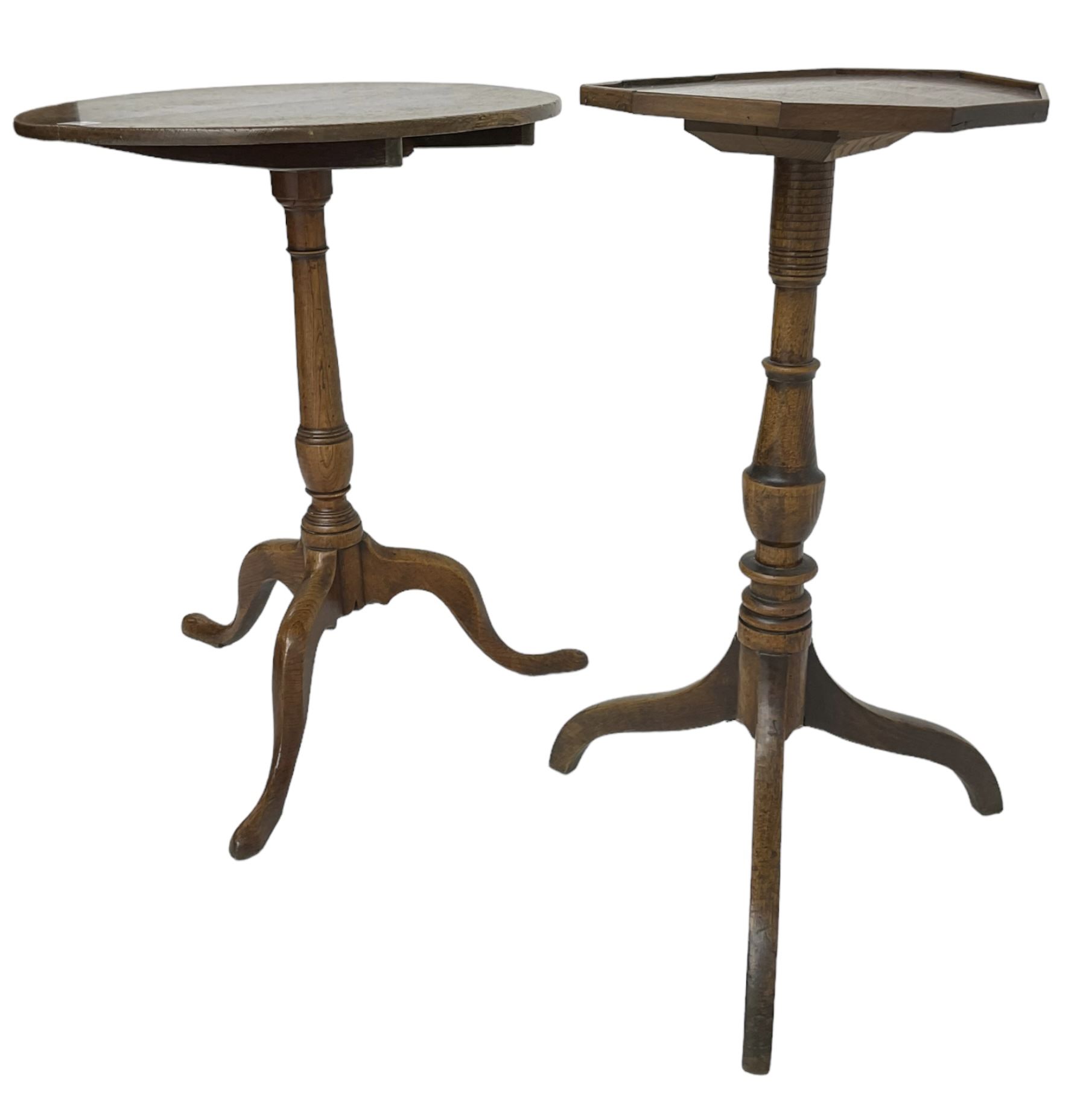 Early 19th century elm and oak tripod table, decagon oak top with raised edge, on turned column with three splayed supports (H74cm); and an early 19th century elm and oak tripod table, circular oak tilt top on turned column with three splayed supports (H70cm) 