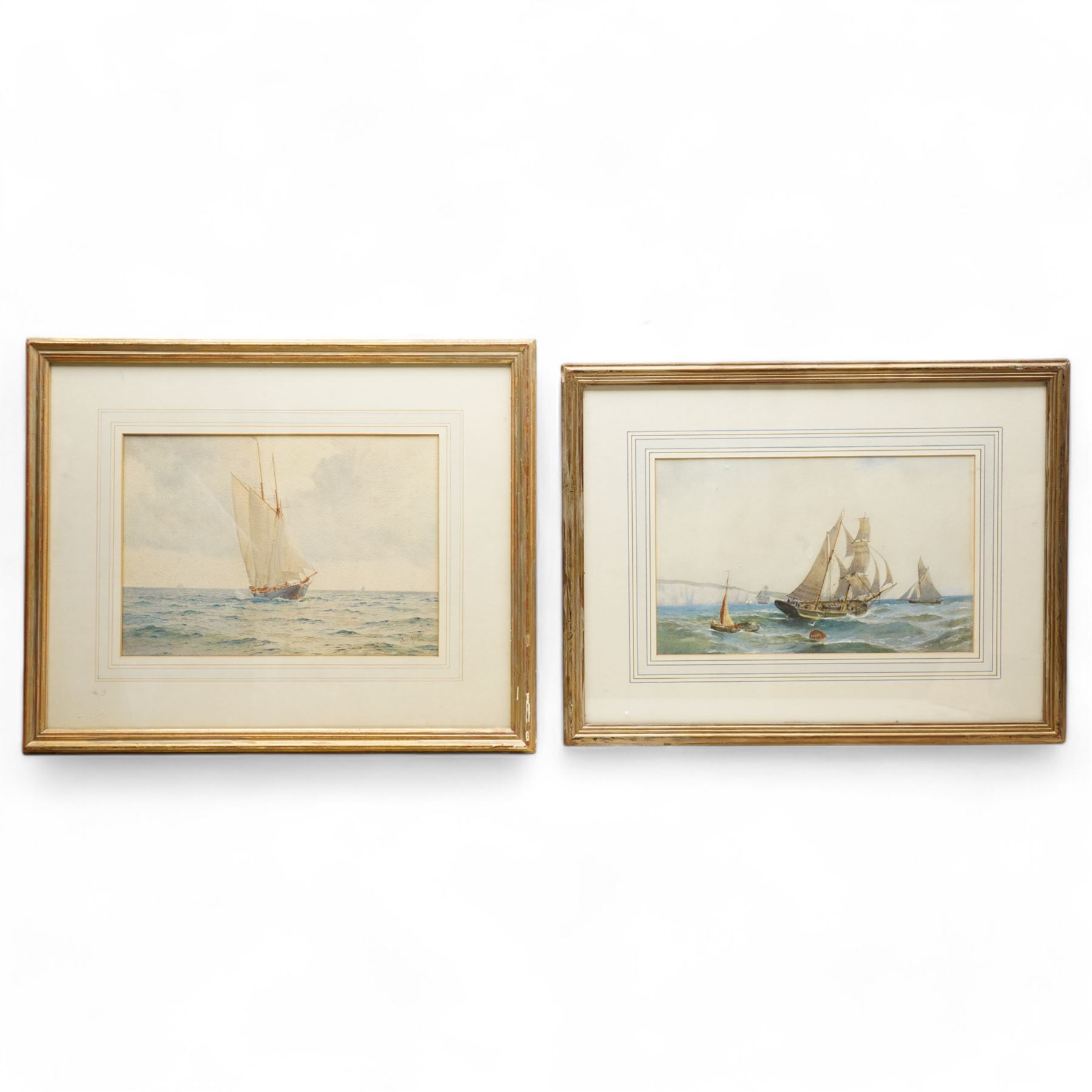 Charles Gregory (British 1849-1920): Fishing off the Coast, watercolour signed and dated 1872, 22cm x 35cm; Louis Neville (British fl.1887-1914): Yacht at Full Sail, watercolour signed and dated 1902, 24cm x 34cm (2)
