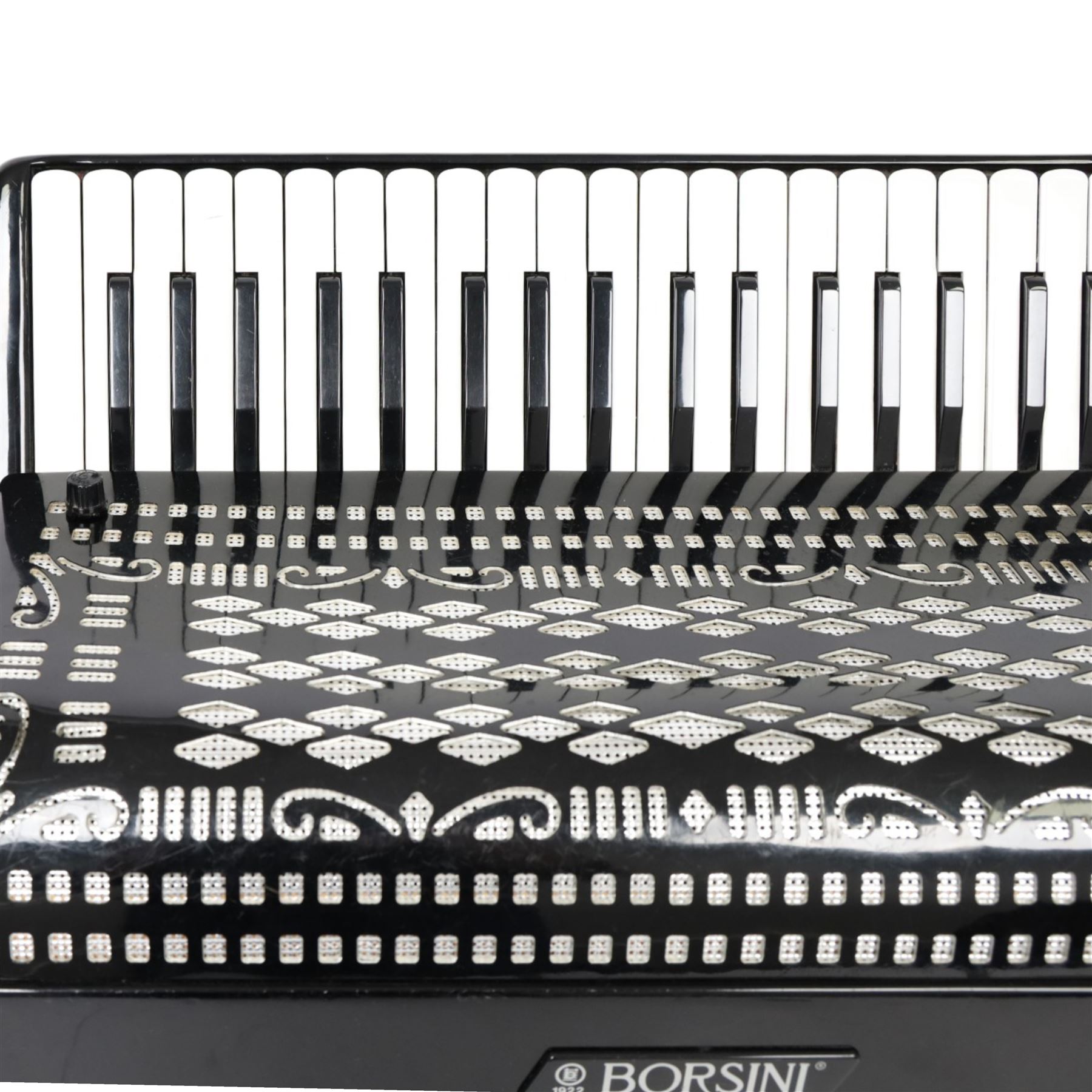 Borsini  5-row Chromatic button accordion, with 77-black and white pearlescent buttons and 96 bass buttons, in black high gloss case, with carry strap and original hard carrycase