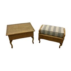 Pair of two seat conservatory sofas (W133cm), matching coffee table (W64cm), and matching footstool (W60cm), loose cushions upholstered in light blue striped fabric