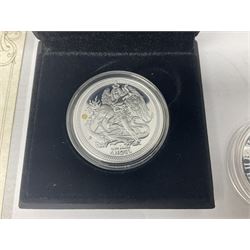 Five Queen Elizabeth II commemorative silver coins, including Bailiwick of Jersey 2009 'King Henry VIII' piedfort five pounds, Isle of Man 2019 one ounce fine silver Angel etc