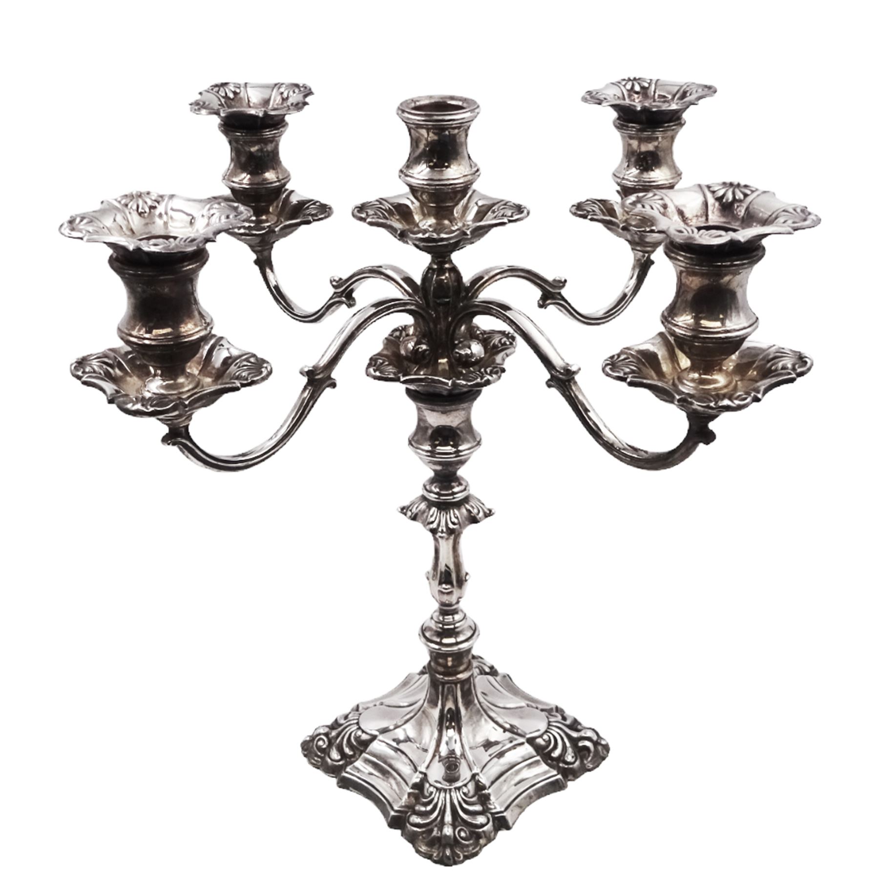 Modern silver five branch candelabra centrepiece, the four extending branches each with removable sconces, surrounding a central candle holder, upon a knopped stem and weighted stepped square foot, with anthemion to each corner, hallmarked Roberts & Belk, Sheffield 1984, H36cm 