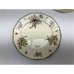 Royal Doulton part dinner service in Old Leeds Sprays pattern,  to include cheese dome, teapot and stand, egg cups etc, together with a selection of floral doilies.  