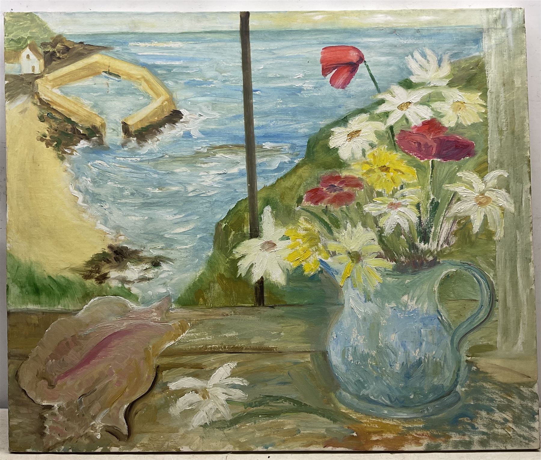 Manner of Winifred Nicholson (British 1893-1981): View from a Window with Flowers and Conch Shell, oil on canvas unsigned, inscribed verso 83cm x 100cm (unframed)