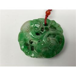 Chinese hardstone carving of a fish amongst coral, with platted rope handle, together with other hardstone and soft stone carvings  