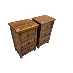 Pair hardwood bedside cabinets, rectangular top over three drawers