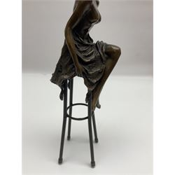Art Deco style bronze, modelled as a semi naked female figure seated upon a chair. H27cm.

Created in the style of French Artist, Pierre Collinet, who was recognised for his bronze sculptures. This figure echoes the style and tone of Collinet's work and is attractive to behold. It would make for a lovely decorative addition to any home, modern or traditional. 