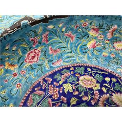 18th/19th century Chinese Canton enamel basin, the circular basin with flat everted rim, decorated with scrolling foliate and fruit decoration on a blue ground, D43cm