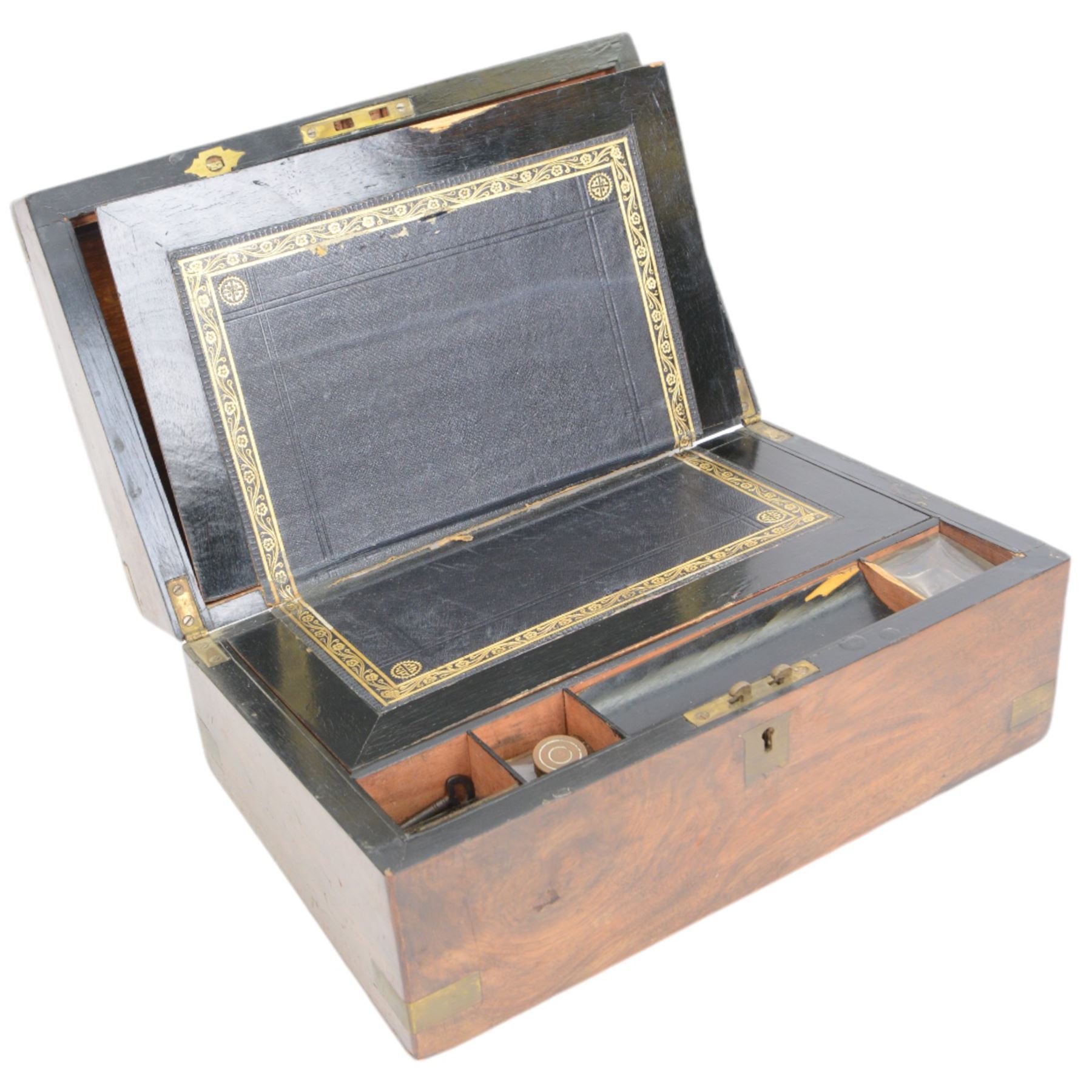Victorian brass bound writing slope with presentation engraving to brass cartouche, opening to reveal a leather and gilt interior, together with another similar, H16cm 