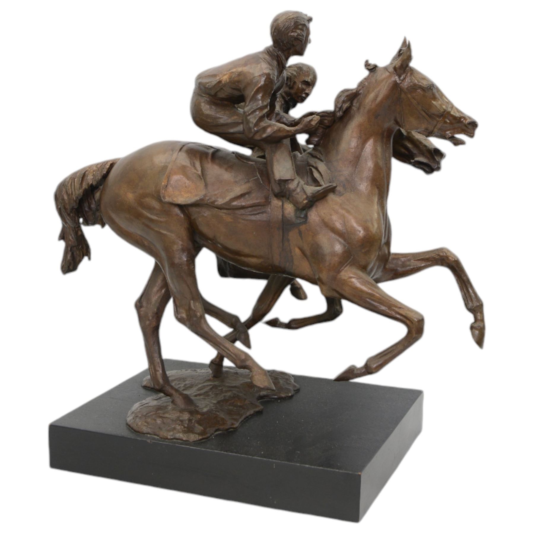 Bernard Winskill  (d1980) - 'Upsides on High Moor' a bronze group of two horses and riders, signed, on wooden base 45cm x 48cm