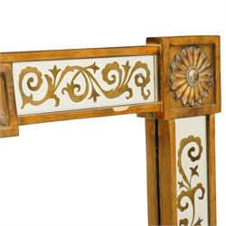 Regency inspired overmantel mirror, decorated with gilt foliate scrolls on the mirrored surrounds, flower and swag applied mounts