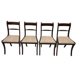 Regency design mahogany extending dining table, rectangular top with extending canted corners, pull-out action with additional leaf (84cm x 136cm - 182cm, H76cm); set of eight Regency design mahogany dining chairs with rope twist rails