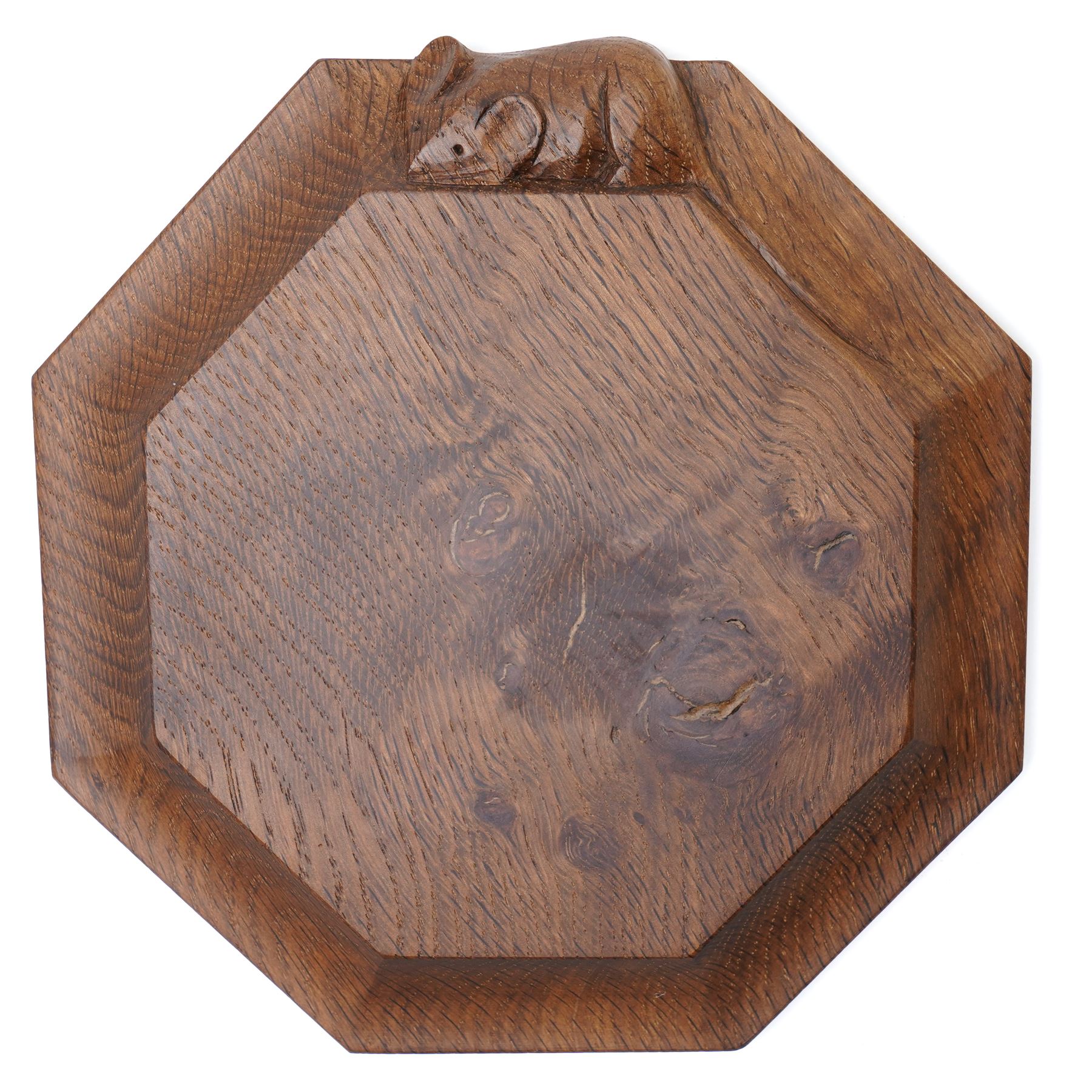 Mouseman - Small oak herb octagonal chopping board with carved mouse signature by the workshop of Robert Thompson, Kilburn W19cm