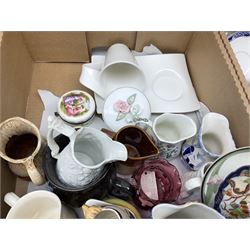 Quantity of various ceramics and glassware to include pair of Disney Mickey and Minnie Mouse cowboy Sherriff figures, stamped Japan beneath, Mason's ironstone, Wedgwood, Portmeirion, tea and dinner wares, collectors plates, glass animals etc in four boxes