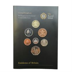 Seven The Royal Mint United Kingdom uncirculated coin sets, comprising  2008 'Emblems of Britain' seven coins, 2010 'A celebration of Britain' eight coins, 2014 'Definitive' eight coins, 2015 'The Fourth Circulating Coinage Portrait Final Edition' eight coins, 2022 'Definitive' eight coins, 2023 'King Charles III Definitives' eight coins and 2024 'Definitive' eight coins, all in card folders