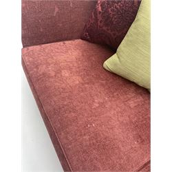 Multi-York - three seat sofa upholstered in red patterned fabric with contrasting feather scatter cushions