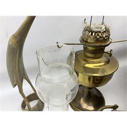 Quantity of brass and copper metalware to include coal scuttle, oil lam with white glass shade, pewter jug, etc