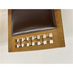 'Lizardman' set six dining chairs, two carvers and four side chairs, carved and pierced lattice top rail over cushioned back and drop in seat upholstered in brown leather, by Derek Slater of Crayke