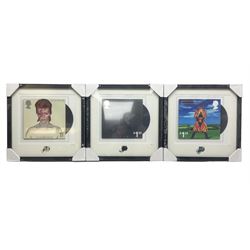 Set of three Royal Mail David Bowie limited edition album stamp prints, comprising Aladdin Sane, Blackstar and Earthling, all framed and in original packaging, H43cm W43cm