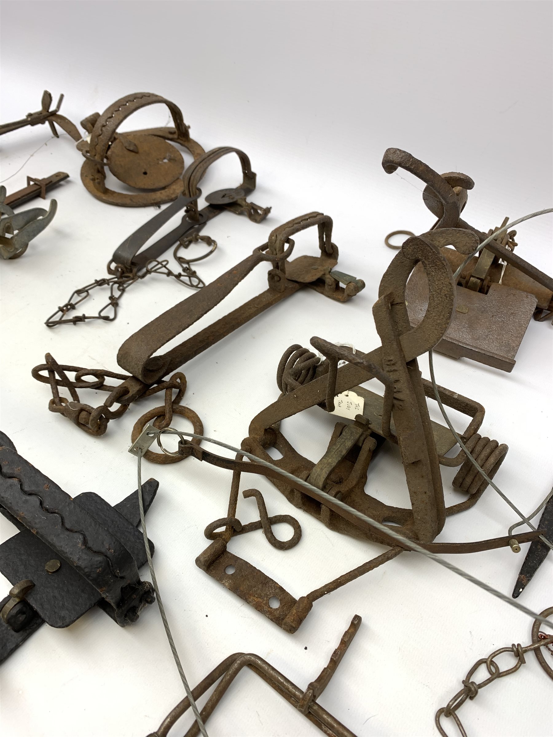 Ten animal traps and snares including Imbra, 'The Juby Trap', H. Lane gin trap, Pole Trap, mole trap, The Lewis Rabbit Snare, Canadian Oneida Victor, one labelled Leo Kleffner Townsend Mt. etc. Auctioneer's Note: These traps are sold as artefacts for ornamental purposes only as the use of some of them is illegal.